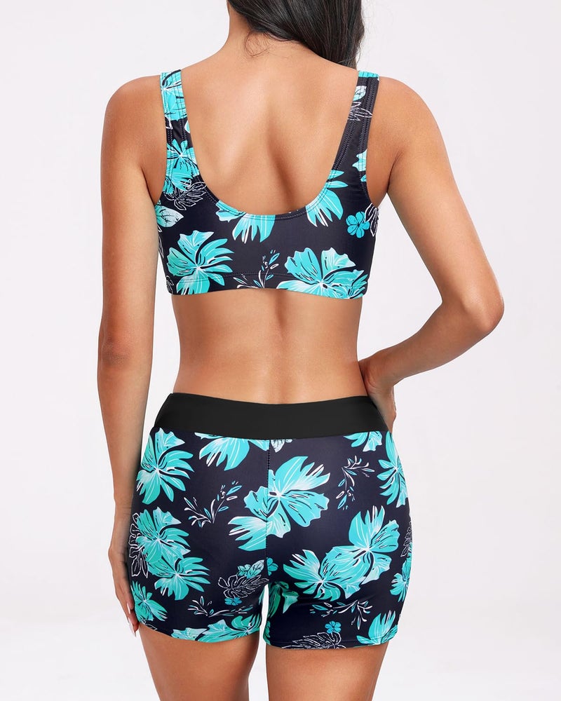 Holipick Green Floral Long Sleeve Swimsuits for Women - 3 Piece Rash Guard with Shorts Zipper SPF Swim Shirt with Built in Bra M - Image 2