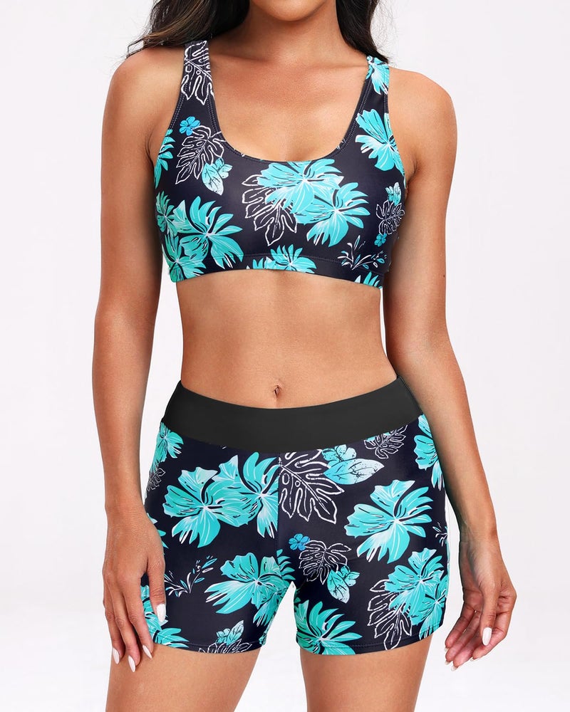 Holipick Green Floral Long Sleeve Swimsuits for Women - 3 Piece Rash Guard with Shorts Zipper SPF Swim Shirt with Built in Bra M - Image 4