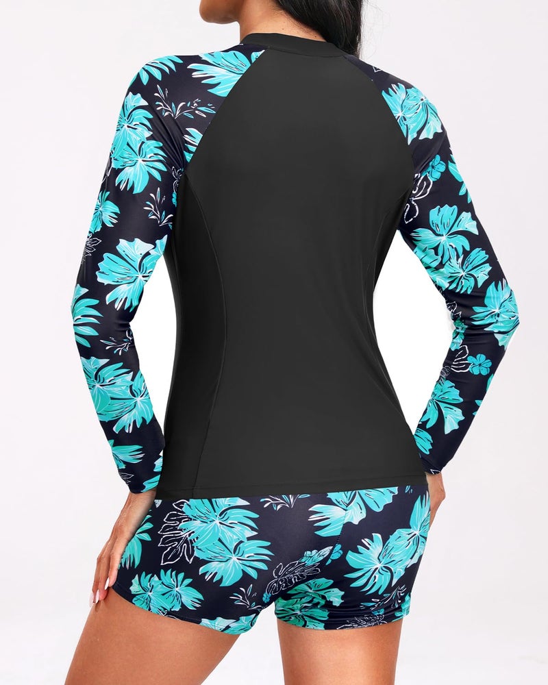 Holipick Green Floral Long Sleeve Swimsuits for Women - 3 Piece Rash Guard with Shorts Zipper SPF Swim Shirt with Built in Bra M - Image 5