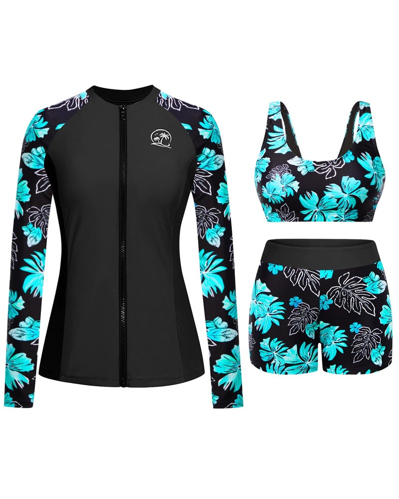 Holipick Green Floral Long Sleeve Swimsuits for Women - 3 Piece Rash Guard with Shorts Zipper SPF Swim Shirt with Built in Bra M - Image 1