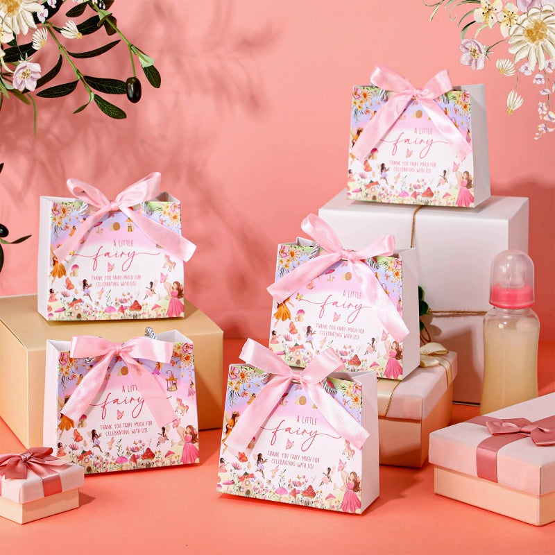Kolldenn 25 Pcs Fairy Gift Bags Bulk 5.5 x 2.4 x 4.7 Inches Fairy Party Favors Bags with Handles and Pink Ribbon Bow for First Birthday Baby Shower Bridal Shower Wedding Party Favors - Image 3