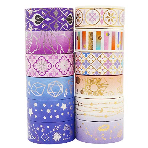 YUBBAEX Galaxy Washi Tape Set Purple Stars Decorative Tapes Silver Gold Foil Masking for Arts, DIY Crafts, Journal Supplies, Planners, Scrapbook, Gift Wrapping (Purple Night 12 Rolls) - Image 3