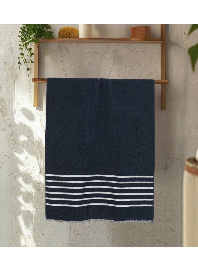 AURIO Premium 100% Cotton Bath Towel Set of 2 – Large 70x140 cm Ultra-Absorbent Plush Body Towels with Nautical Six-Stripe Dobby Border – Elegant Luxury Collection - Image 2