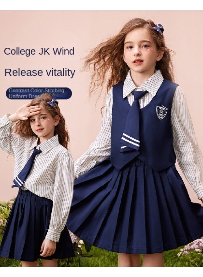 أبكيدس 【academic Style Jk Set】 مجموعة بنات لموسم الخريف، مجموعة قميص مخطوط وتنورة مطوية للأطفال من الحجم المتوسط إلى الكبير - Image 1