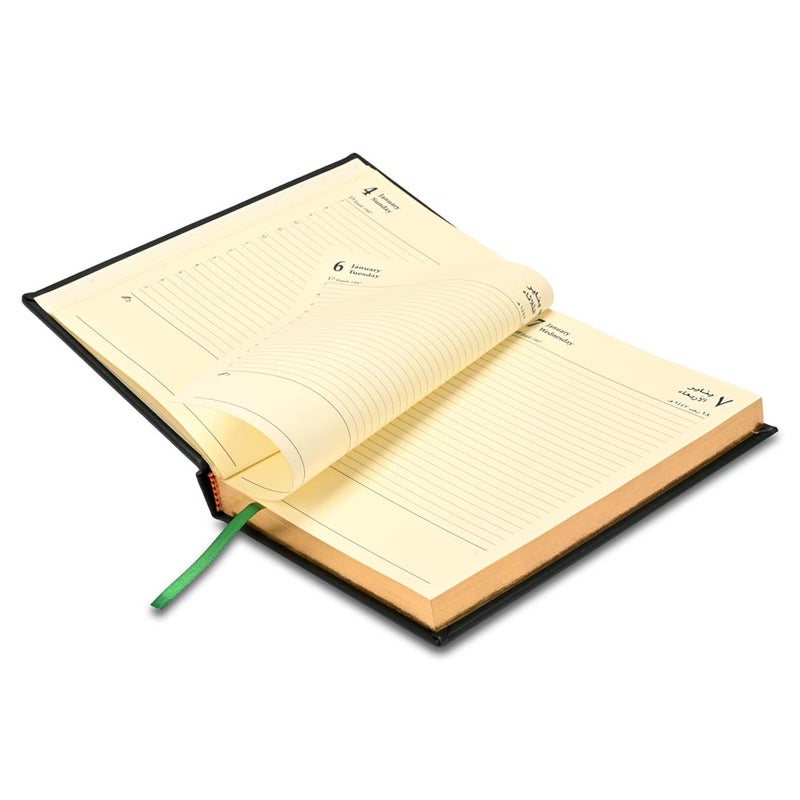 FIS 2026 Golden A5 Diary, 148x210mm, 1 Side Padded Italian PU Cover Materials, Gold Gilded Edges, 1 Day a Page Format, Arabic/English, 70gsm Italian Ivory Paper, Green Cover-FSDI20AEG26GR - Image 4