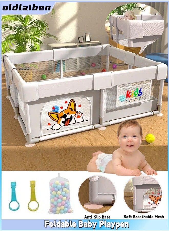 oldlaiben Foldable Baby Playpen, Baby Indoor Crawling Safety Fence, Infant Indoor And Outdoor Kids Activity Center With 60 Pieces Ocean Balls, 2 Hand Pull Ring, Anti-Slip Base, Soft Breathable Mesh, 150x200 cm  - Image 1