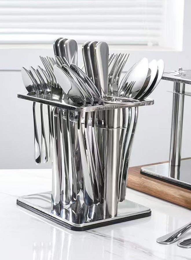 wowofa 24-Piece Stainless Steel Cutlery Set with Holding Stand SilverStainless Steel Cutlery Set Flatware Utensils Including Knife,Fork,Spoon and coffee spoon(Silver) 6-person Western tableware, kitchen utensils, shiny polished  sturdy and durable， Suitable  gatherings, picnics,easy to store，dishwasher safety - Image 1