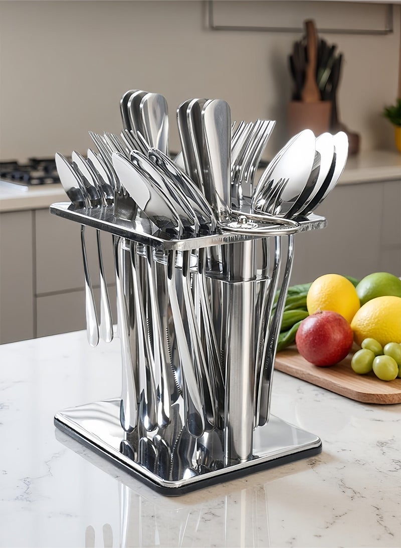 wowofa 24-Piece Stainless Steel Cutlery Set with Holding Stand SilverStainless Steel Cutlery Set Flatware Utensils Including Knife,Fork,Spoon and coffee spoon(Silver) 6-person Western tableware, kitchen utensils, shiny polished  sturdy and durable， Suitable  gatherings, picnics,easy to store，dishwasher safety - Image 2