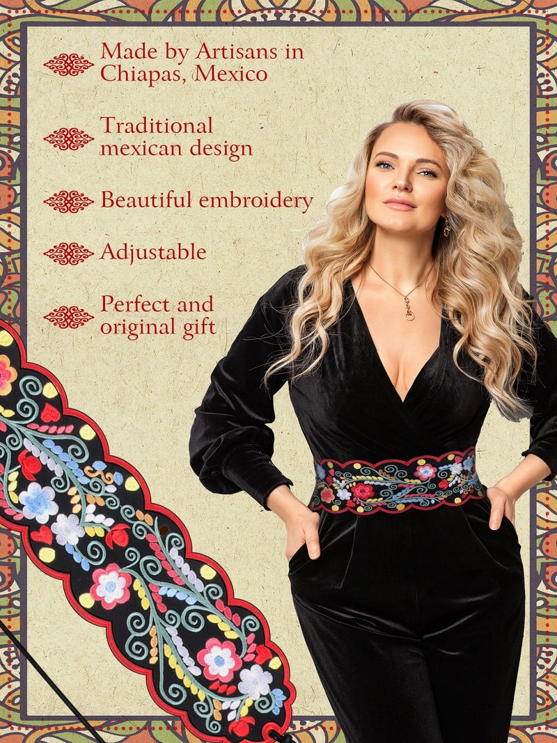 Jeere Women Embroidered Mexican Belt for Dress Floral Traditional Fiesta Waist Sash Cinco De Mayo Luau Party Outfit(Retro) - Image 3