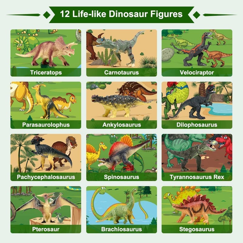 FRUSE Jurassic Dinosaur Toys Figures,12 PCS Realistic Large Dinosaur Figurines with Jumbo Play Mat & Information Dino Book,Educational Dino Figure Playset Cake Topper Decoration for Kids - Image 2