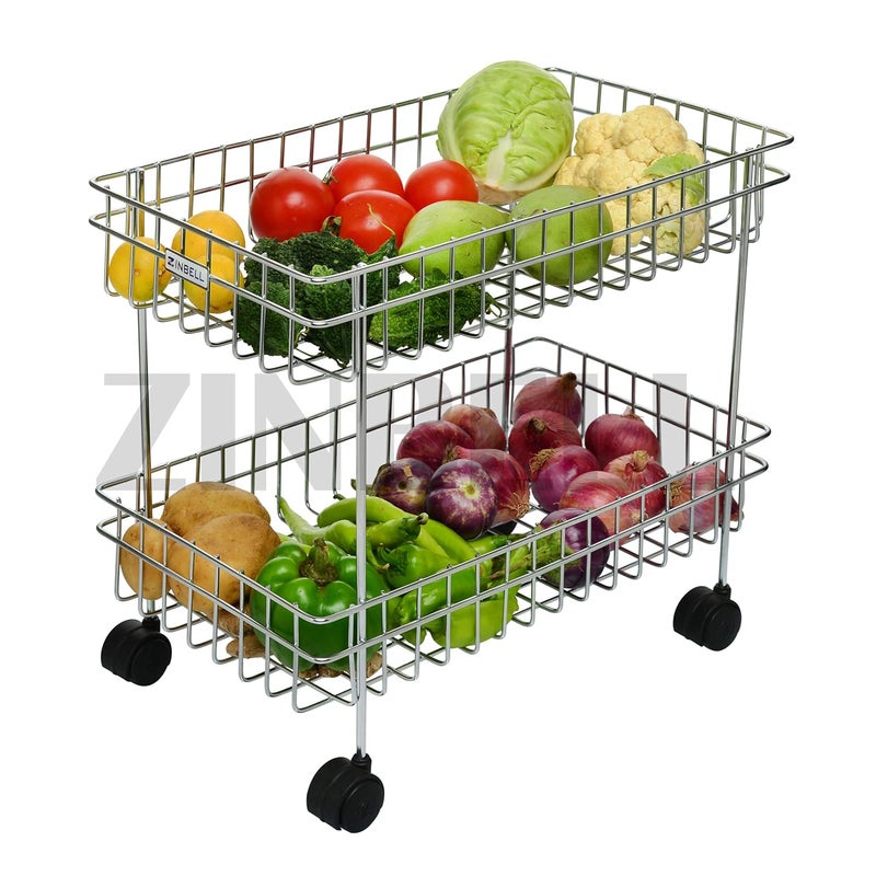 ZINBELL Wrolavi Stainless Steel Fruit and Vegetable Storage Stand Rack Multipurpose Baskets for Kitchen Trolley Modern Kitchen Storage Rack 2 Shelf - Image 1
