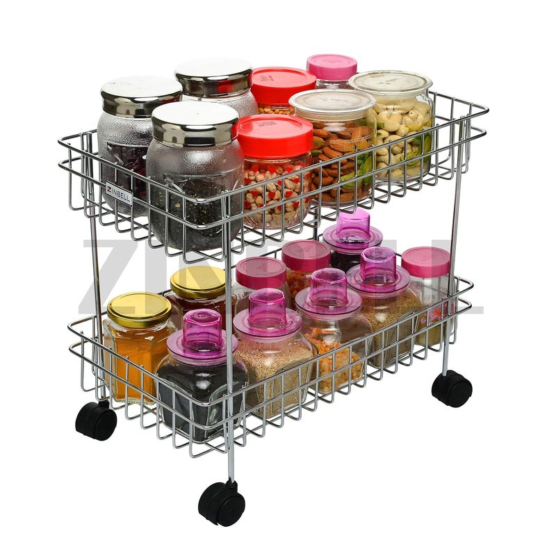 ZINBELL Wrolavi Stainless Steel Fruit and Vegetable Storage Stand Rack Multipurpose Baskets for Kitchen Trolley Modern Kitchen Storage Rack 2 Shelf - Image 2