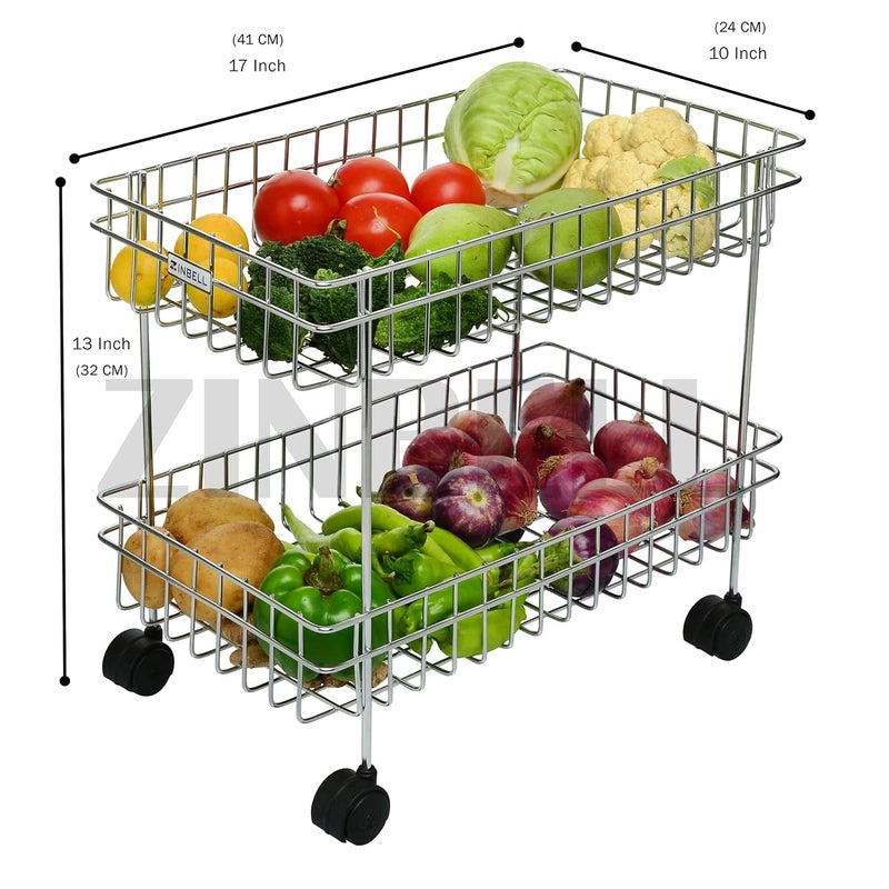 ZINBELL Wrolavi Stainless Steel Fruit and Vegetable Storage Stand Rack Multipurpose Baskets for Kitchen Trolley Modern Kitchen Storage Rack 2 Shelf - Image 5