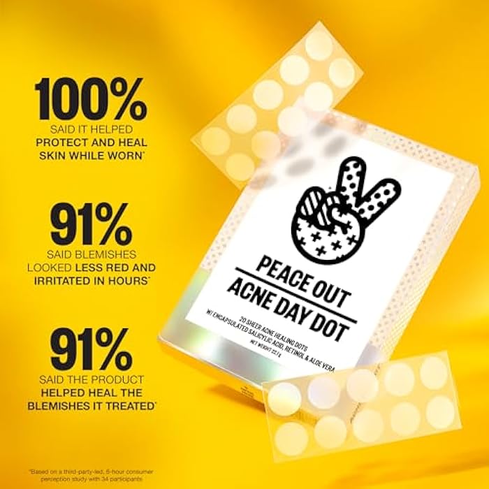 PEACE OUT Acne Day Dot, Sheer Acne Healing Dots, Virtually Invisible Wear, Hydrocolloid Pimple Patches Helps Clear Blemishes Quickly with Encapsulated Salicylic Acid, Retinol & Aloe Vera, 20 dots - Image 3