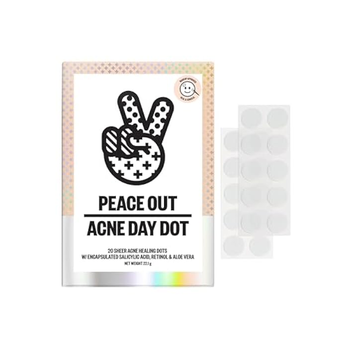 PEACE OUT Acne Day Dot, Sheer Acne Healing Dots, Virtually Invisible Wear, Hydrocolloid Pimple Patches Helps Clear Blemishes Quickly with Encapsulated Salicylic Acid, Retinol & Aloe Vera, 20 dots - Image 1