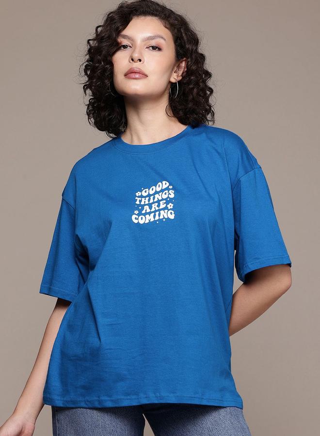 Freehand Women Blue Oversized Graphic Print T-Shirt - Image 1