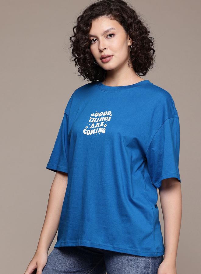 Freehand Women Blue Oversized Graphic Print T-Shirt - Image 5