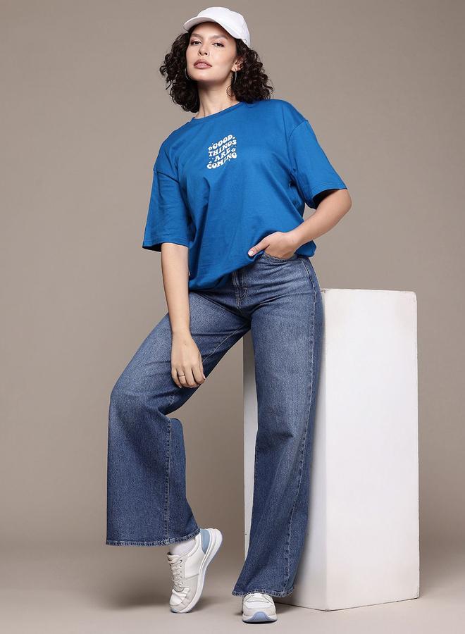 Freehand Women Blue Oversized Graphic Print T-Shirt - Image 4