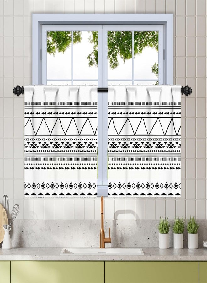Renaiss 26 x 36 Inch Boho Kitchen Curtains Tier Rod Pocket Linen Fabric Bohemian Geometric Small Cafe Curtains Light Filtering Short Window Curtain for Bathroom Basement Half Window 2 Panels - Image 1