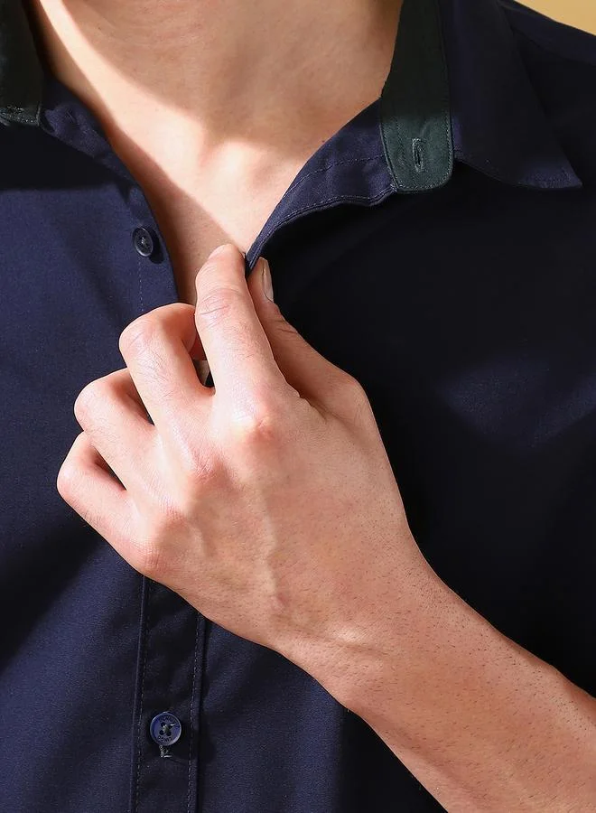 دينيس لينغو Men's Navy Cotton Blend Solid Button Down Regular Fit Shirt