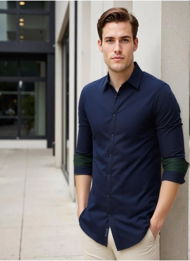 دينيس لينغو Men's Navy Cotton Blend Solid Button Down Regular Fit Shirt