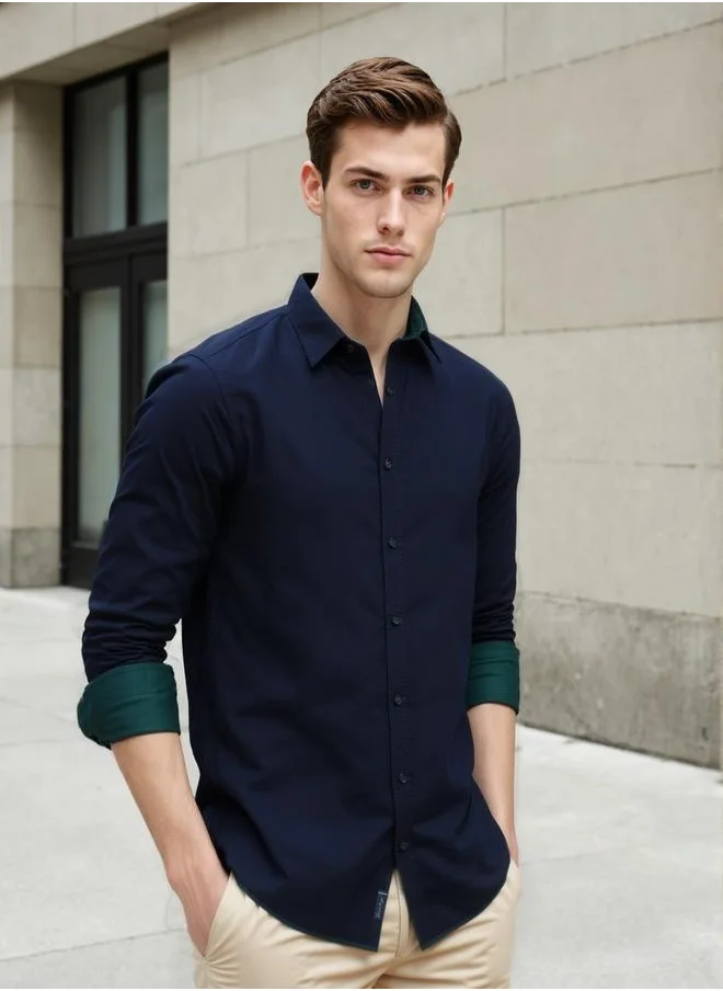 دينيس لينغو Men's Navy Cotton Blend Solid Button Down Regular Fit Shirt