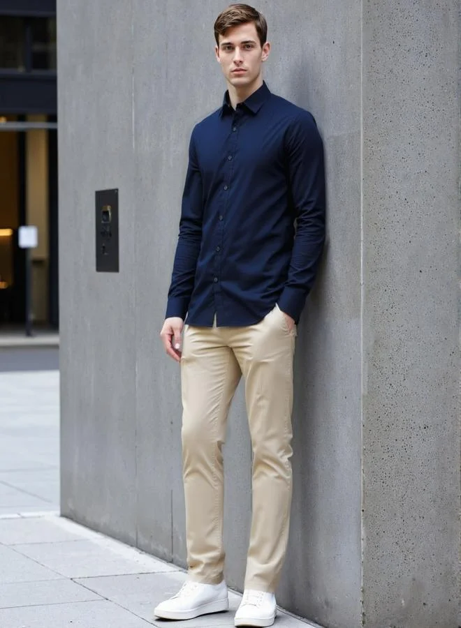 دينيس لينغو Men's Navy Cotton Blend Solid Button Down Regular Fit Shirt
