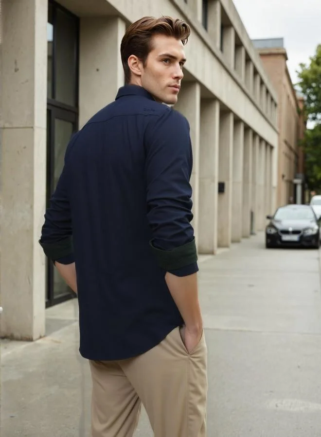 دينيس لينغو Men's Navy Cotton Blend Solid Button Down Regular Fit Shirt