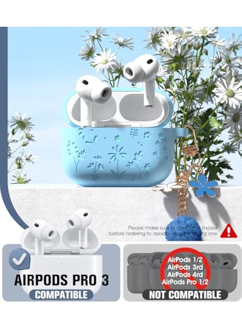 Arabest Compatible with AirPods Pro 3 Case Cute with Cherry Blossom Keychain and Cleaning Kit, Soft Silicone Shockproof Flower Engraved Cover Compatible with AirPod Pro 3 Case Cover - Baby Blue - Image 2