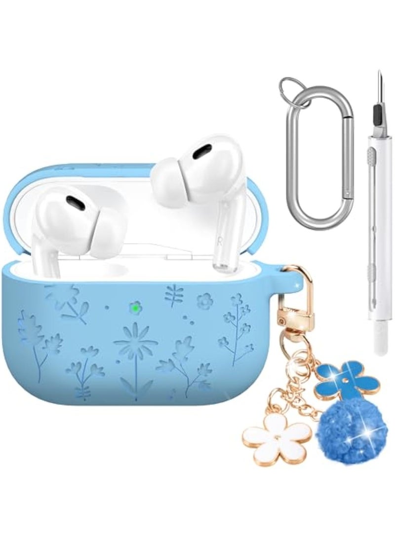 Arabest Compatible with AirPods Pro 3 Case Cute with Cherry Blossom Keychain and Cleaning Kit, Soft Silicone Shockproof Flower Engraved Cover Compatible with AirPod Pro 3 Case Cover - Baby Blue - Image 1
