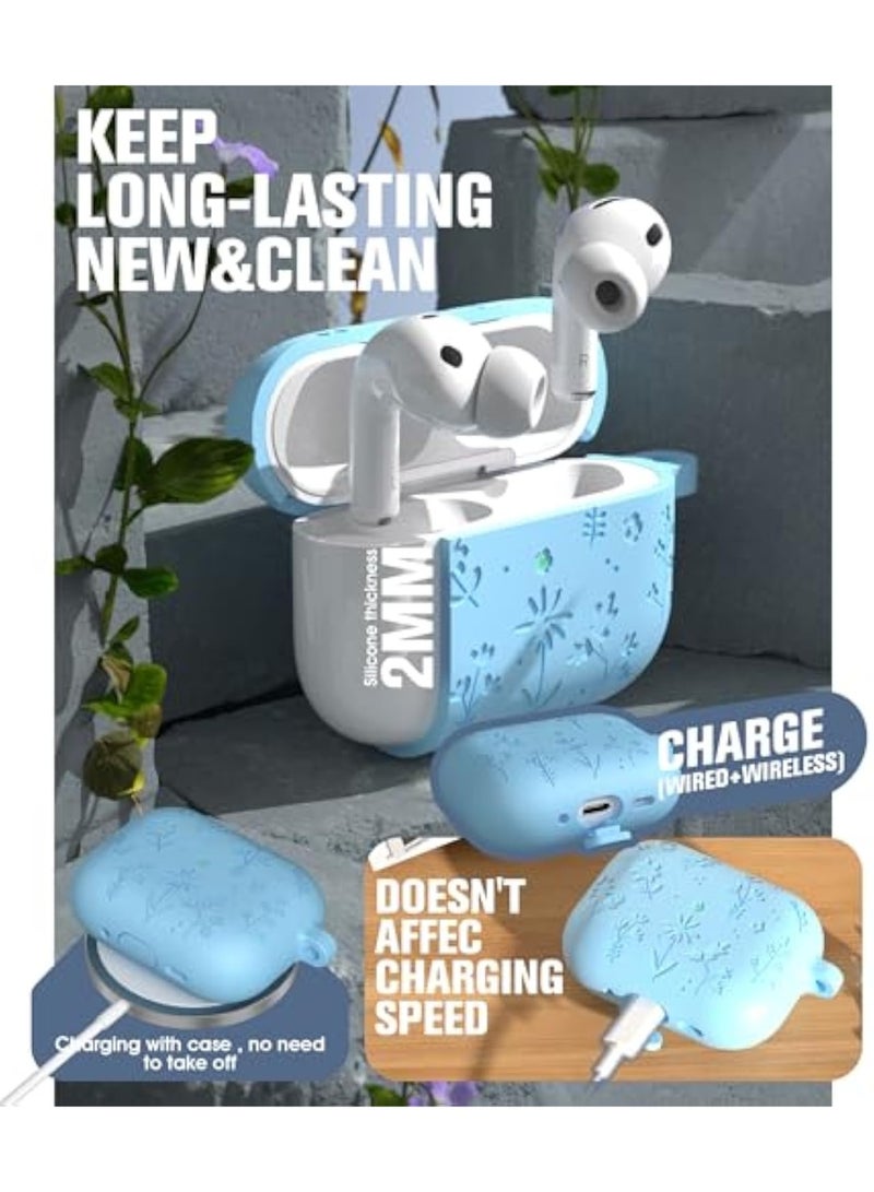 Arabest Compatible with AirPods Pro 3 Case Cute with Cherry Blossom Keychain and Cleaning Kit, Soft Silicone Shockproof Flower Engraved Cover Compatible with AirPod Pro 3 Case Cover - Baby Blue - Image 4