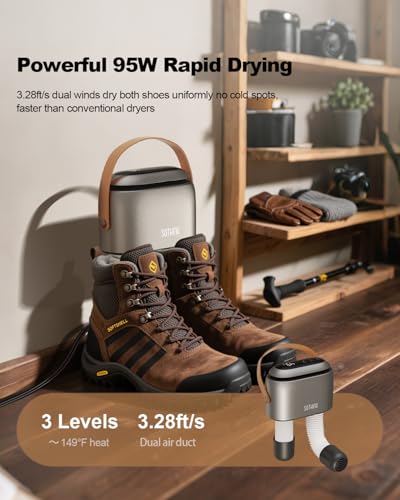 SOTHING Boot Dryer Portable Shoe Dryer for Sneakers Ozone Deodorizer Retractable Hoses 95W Rapid Drying 3 Heat Levels LED Touch Panel 19H Timer for Work Boots Soccer Cleats Gloves - Image 3