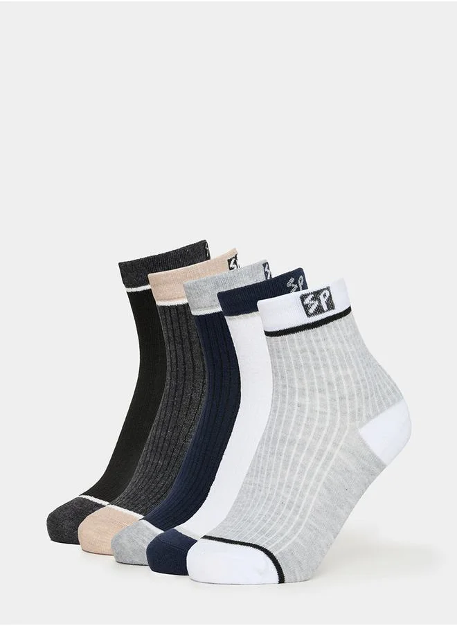 Styli Pack of 5 - Embroidered Patch Ribbed Detail Crew Socks