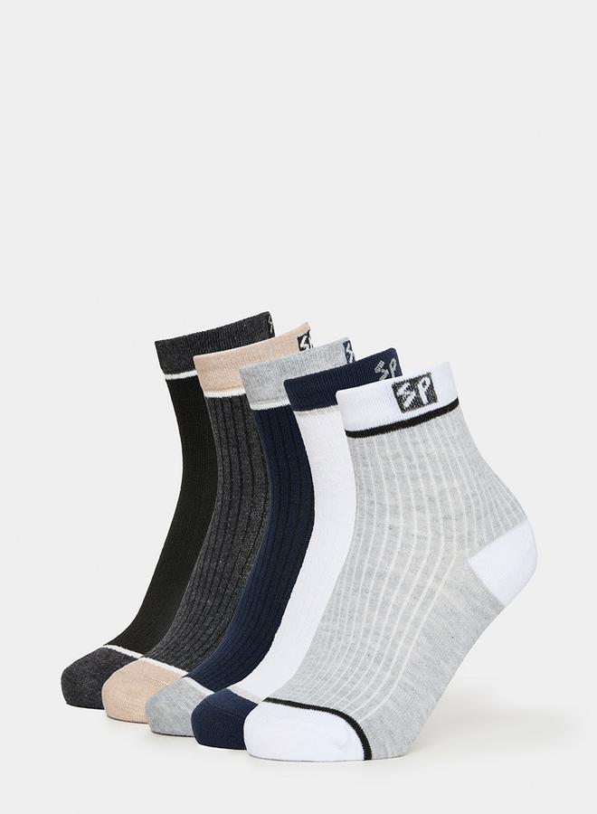 Styli Pack of 5 - Embroidered Patch Ribbed Detail Crew Socks  - Image 1