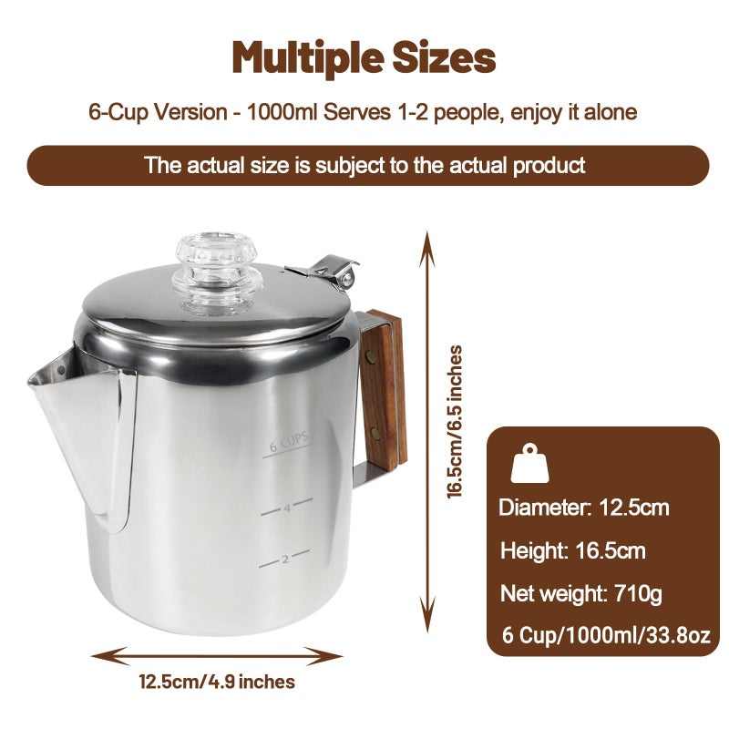 DITOSH 6 Cup Percolator 304 Stainless Steel Coffee Pot Coffee Maker Coffee Machine with Solid Wood Handle Transparent Knob Stovetop Greca Mocha for Induction Home and Camping 1000ml 33.8oz - Image 2