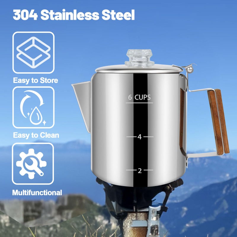 DITOSH 6 Cup Percolator 304 Stainless Steel Coffee Pot Coffee Maker Coffee Machine with Solid Wood Handle Transparent Knob Stovetop Greca Mocha for Induction Home and Camping 1000ml 33.8oz - Image 4