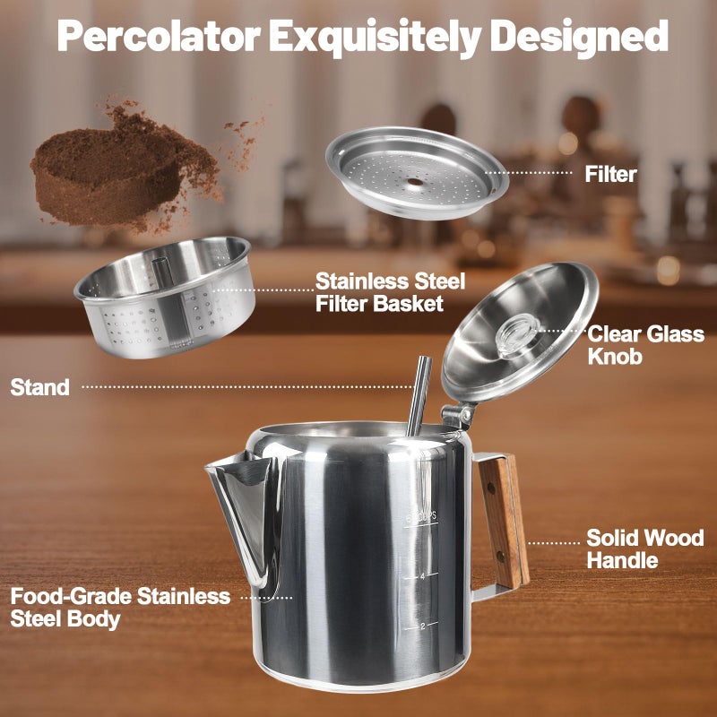 DITOSH 6 Cup Percolator 304 Stainless Steel Coffee Pot Coffee Maker Coffee Machine with Solid Wood Handle Transparent Knob Stovetop Greca Mocha for Induction Home and Camping 1000ml 33.8oz - Image 3
