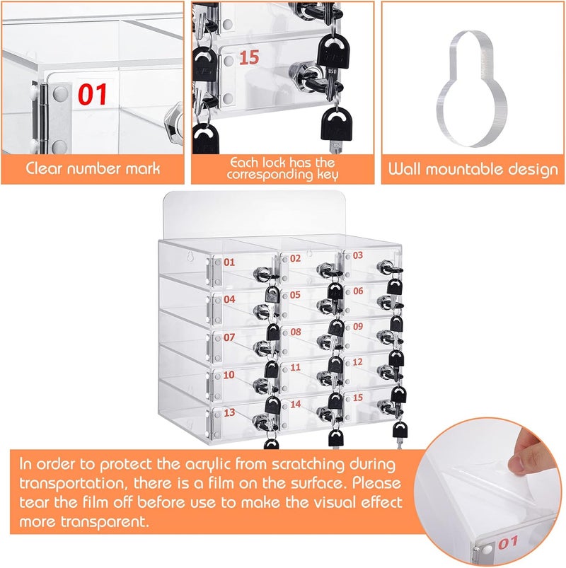 Threan 15 Slot Cell Phone Storage Box, Acrylic Clear Cell Phone Storage Cabinet Wall Mounted with Door, Locks and Keys for Office School Factory - Image 3
