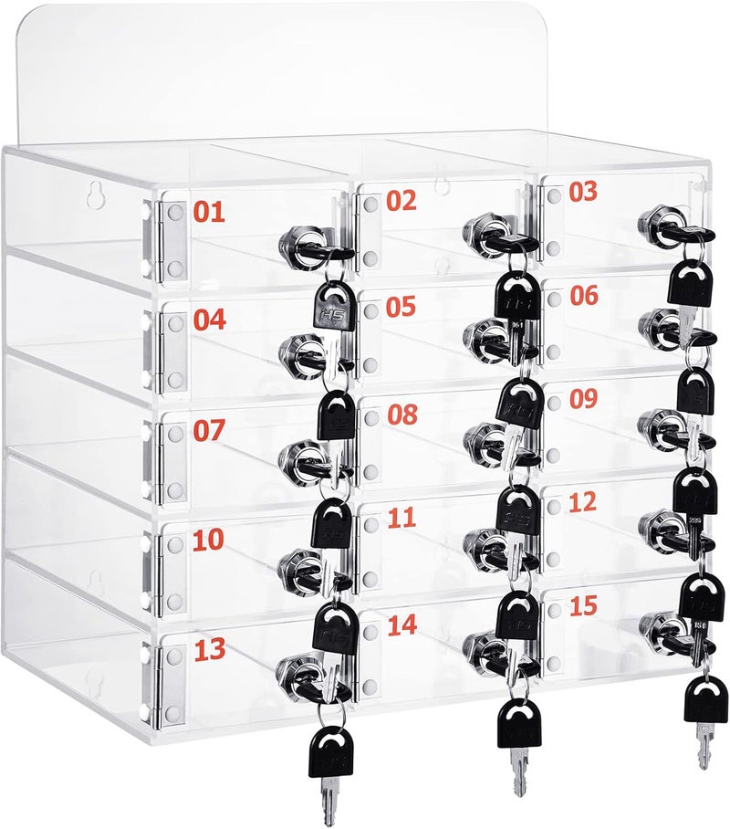 Threan 15 Slot Cell Phone Storage Box, Acrylic Clear Cell Phone Storage Cabinet Wall Mounted with Door, Locks and Keys for Office School Factory - Image 1