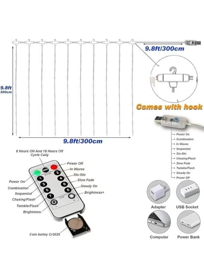 أضواء ستارة خرافية LED، أضواء معلقة وامضة تعمل بالتحكم عن بعد، ديكور حفلات النوم وحفلات الزفاف، إضاءة ديكور المنزل، إضاءة داخلية وخارجية لأعياد الميلاد والهالوين (300 مصباح LED - أبيض دافئ) - Image 3