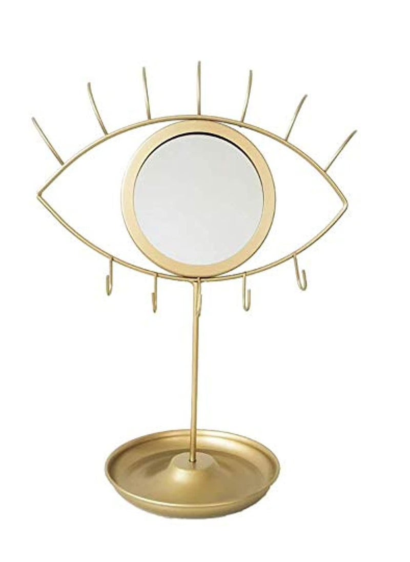 Generic A multi-functional jewelry holder with a mirror with an eye-shaped design that can be used for necklaces, rings, earrings, bracelets, and watches. Its color is golden. 