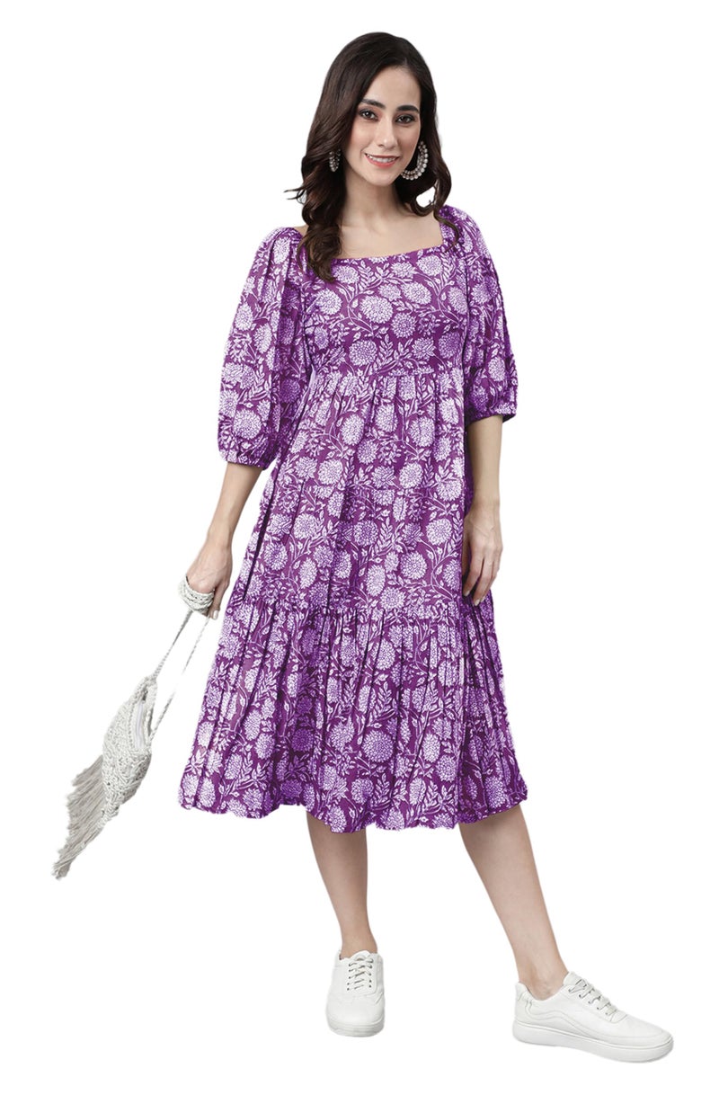 Janasya Women's Purple Pure Cotton Floral Printed Tiered Dress (JAC24DR01517-XL) - Image 1