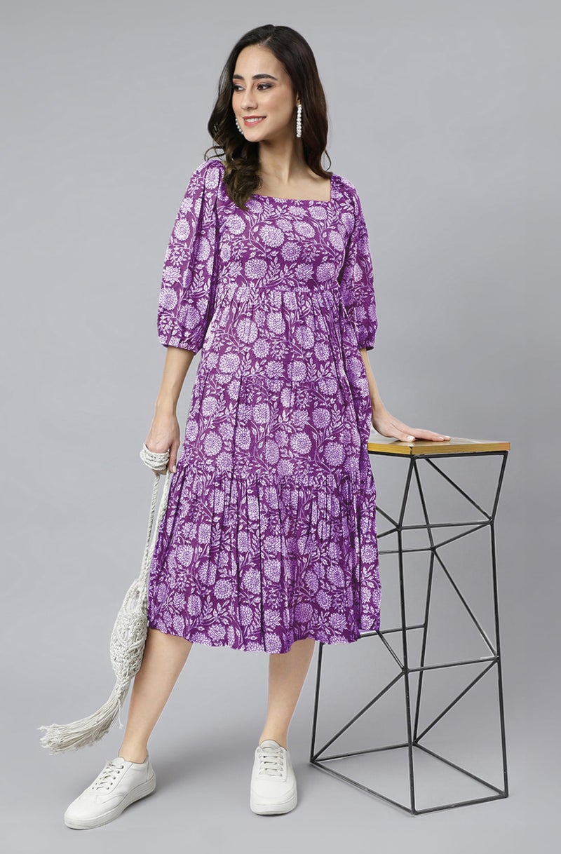 Janasya Women's Purple Pure Cotton Floral Printed Tiered Dress (JAC24DR01517-XL) - Image 3