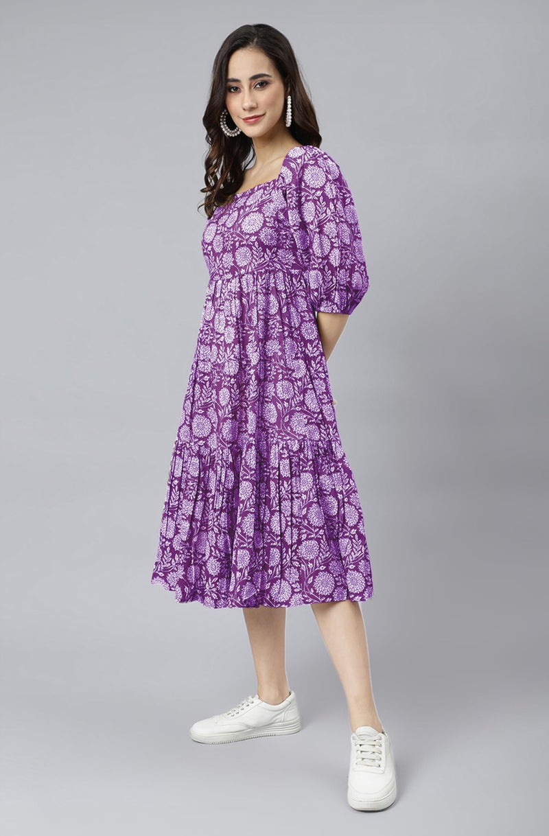 Janasya Women's Purple Pure Cotton Floral Printed Tiered Dress (JAC24DR01517-XL) - Image 4