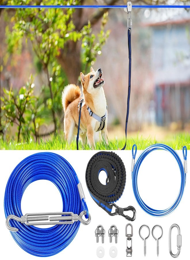 XiaZ Dog Tie Out Cable, 50ft Trolley Runner Cable for Dogs up to 250lbs, Dog Lead for Yard, Camping, Outdoor, with 8 Ft Nylon Bungee Runner, Cable Sling to Protect Trees,Blue - Image 1