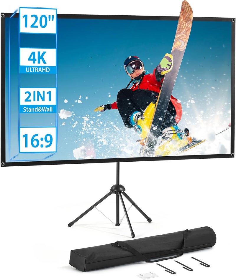 excelimage Projector Screen with Stand, Outdoor Projector Screen 16:9 and Tripod Stand, Portable Projection Screen with 1.2 Gain, Lightweight and Compact, Easy Setup, Idea for Home Cinema, Backyard, (120 Inch). - Image 1