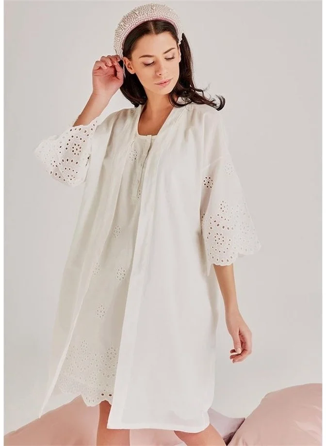 Magic Form 30108 Self-Embroidery Patterned Dressing Gown and Nightgown Set - Ecru