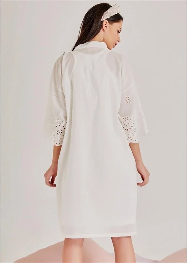 Magic Form 30108 Self-Embroidery Patterned Dressing Gown and Nightgown Set - Ecru