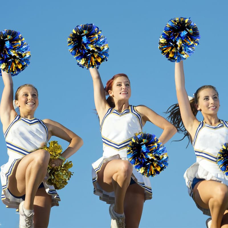 Hooshing 6Pcs Blue And Gold Pom Poms Cheerleading Metallic Cheer Pompoms With Baton Handle For Kids Adults Team Spirit Sports Dance Cheering - Image 5