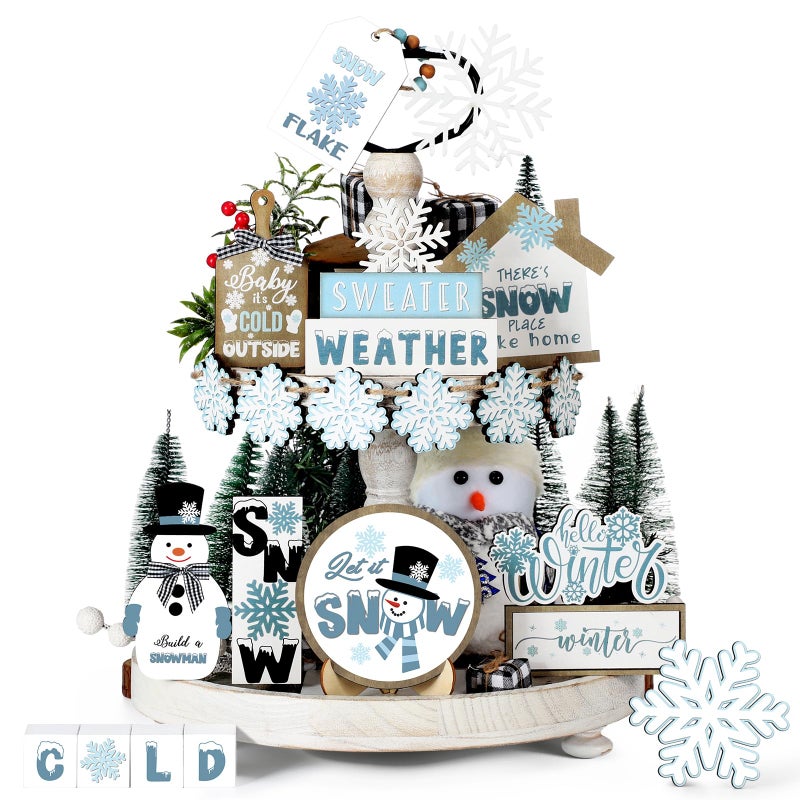 Tatuo 20 Pieces Winter Tiered Tray Decor Snowman and Snowflakes Winter Tiered Tray Decoration Set Wooden Decorations Snowflake Tabletop Decor Wooden Signs - Image 2